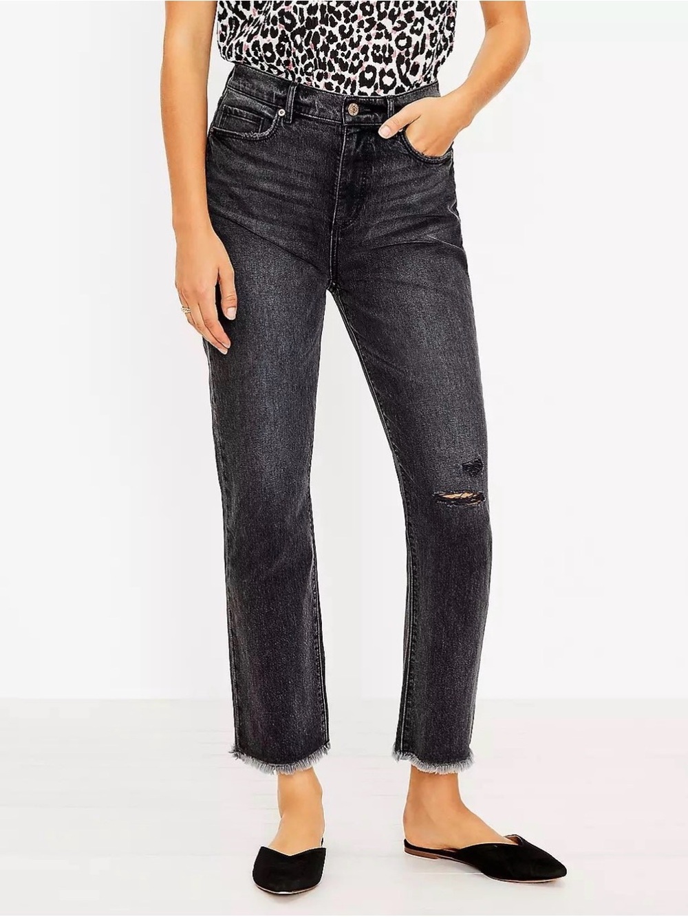 LOFT - Petite Destructed High Rise Straight Crop Jeans in Washed Black Wash